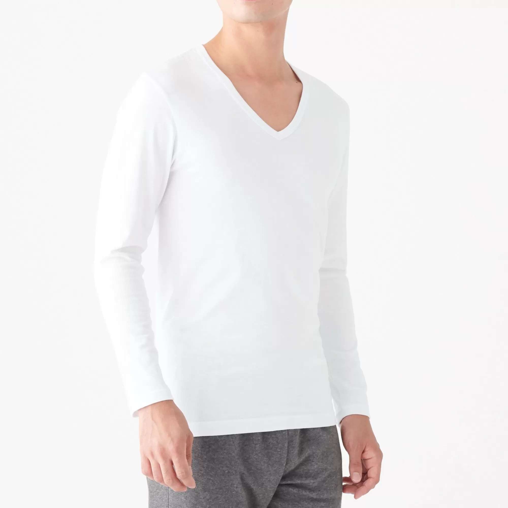 MUJI Men'S Heat Generating Cotton V-Neck Long Sleeve T-Shirt Best