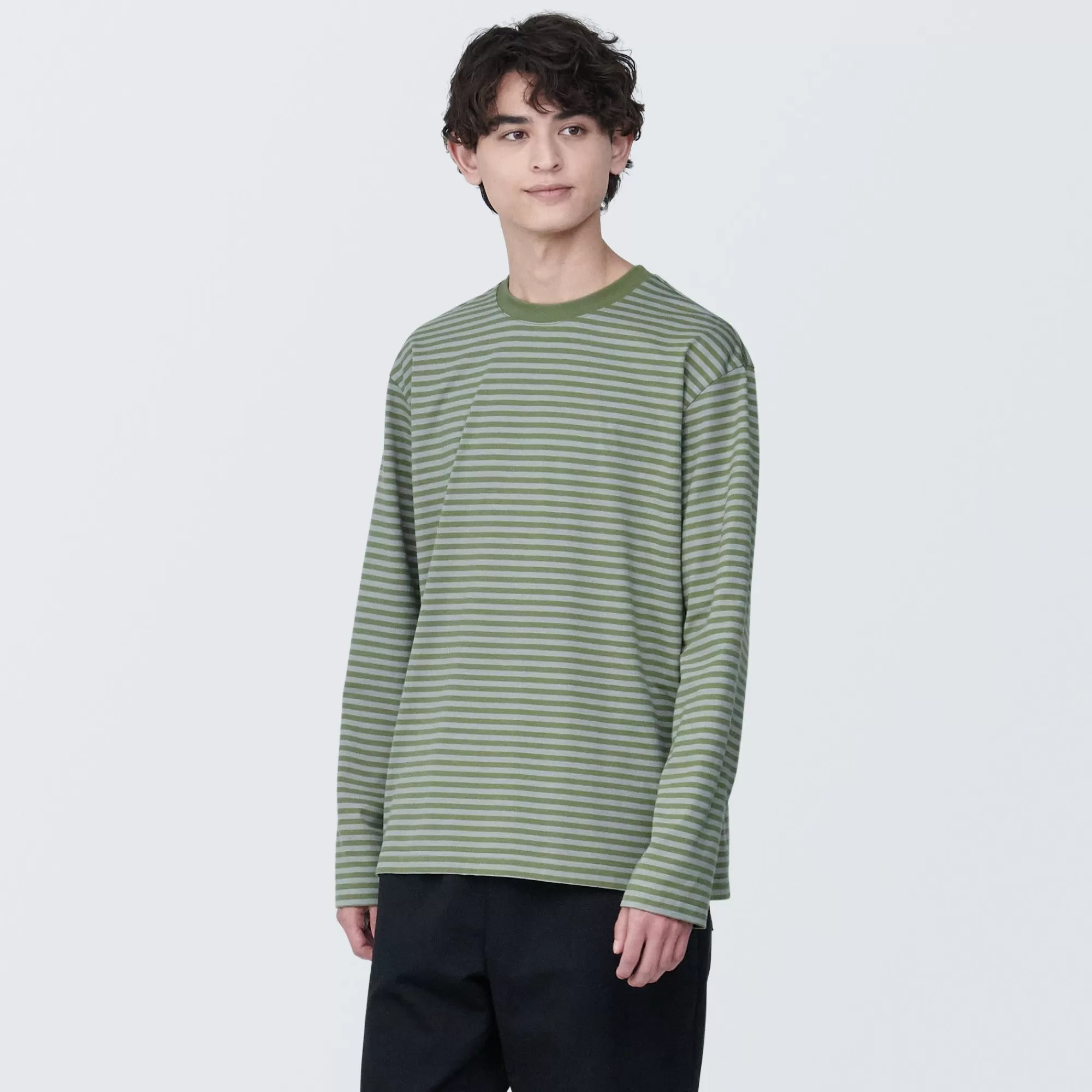 MUJI Men'S Jersey Crew Neck Long Sleeve Striped T-Shirt Cheap