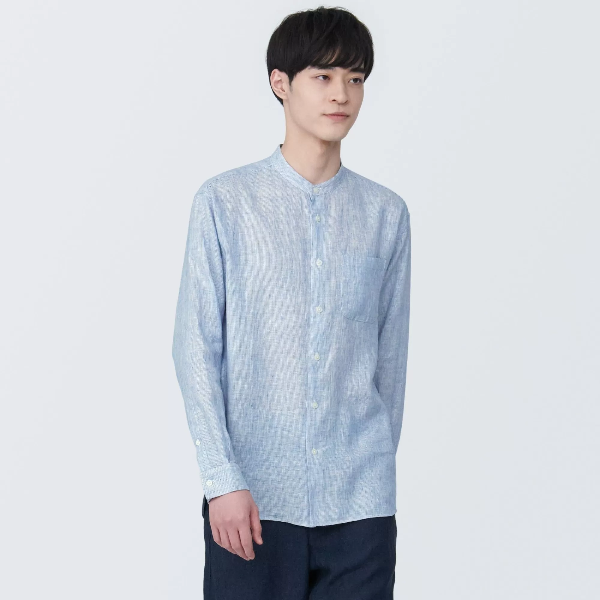 MUJI Men'S Linen Stand Collar Long Sleeve Patterned Shirt Flash Sale