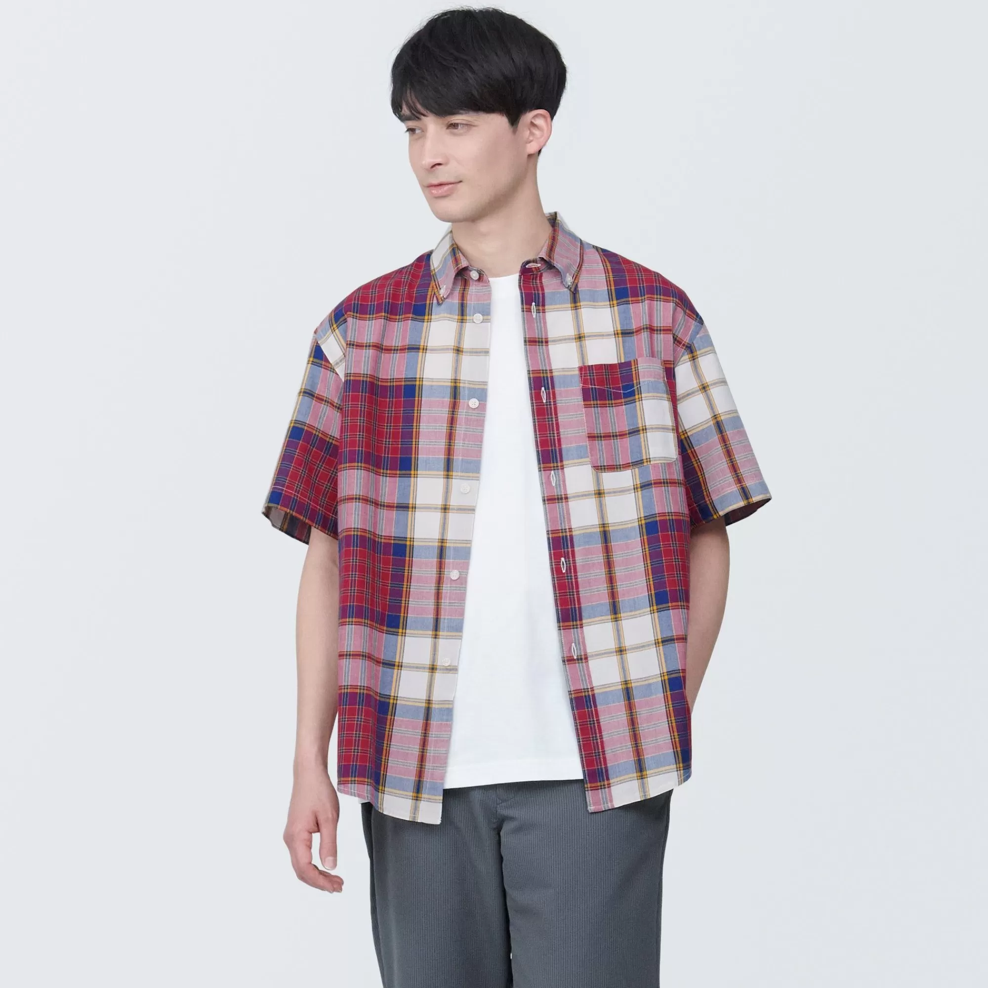 MUJI Men'S Madras Check Button Down Short Sleeve Shirt Clearance