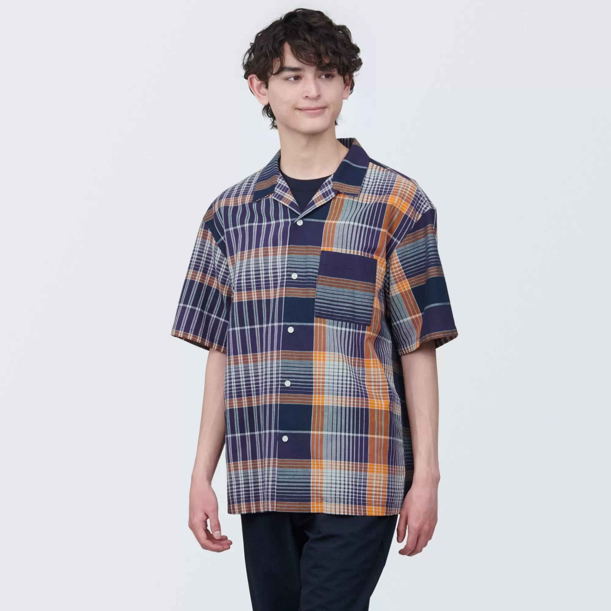 MUJI Men'S Madras Check Open Collar Short Sleeve Shirt New