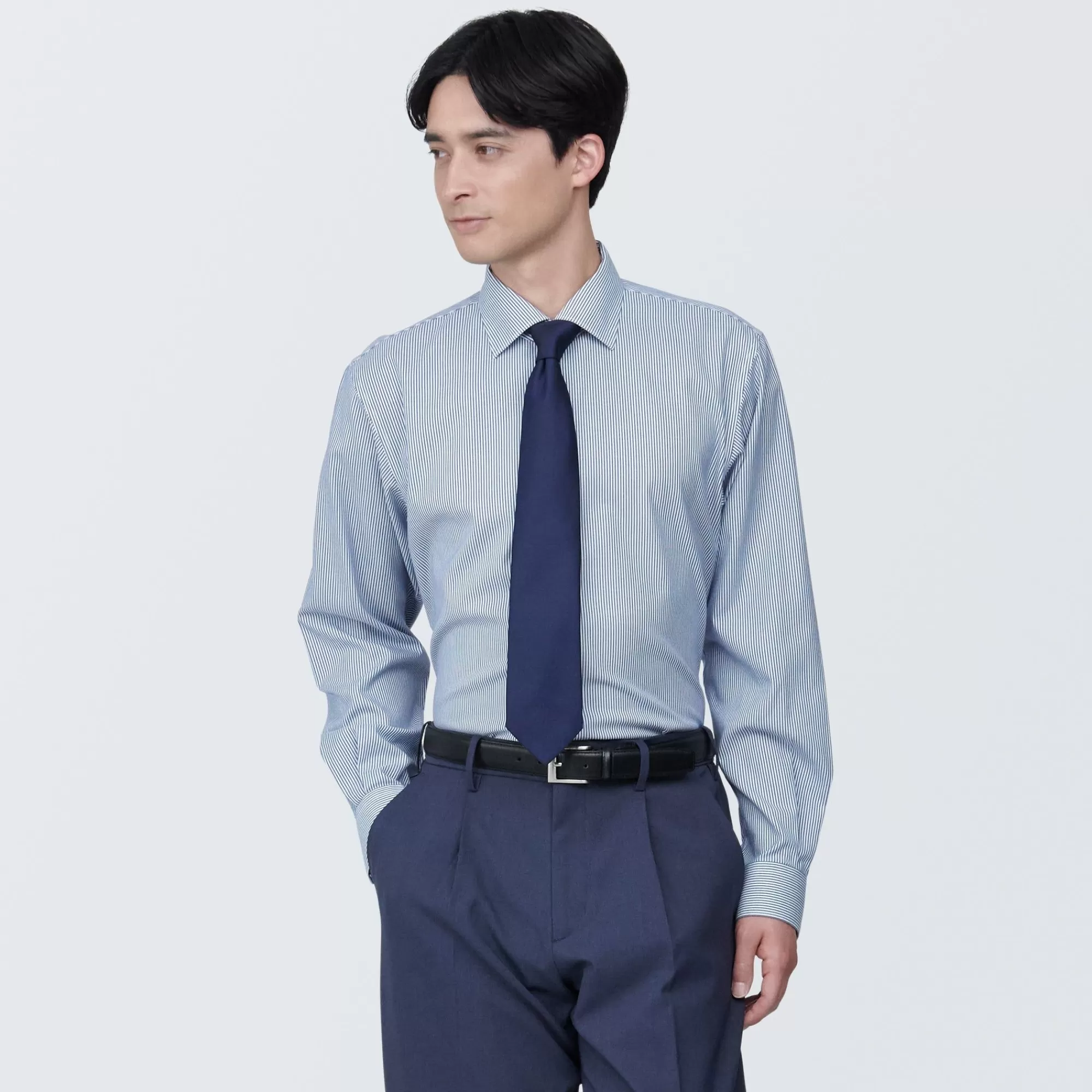 MUJI Men'S Non-Iron Semi Wide Collar Striped Shirt Fashion