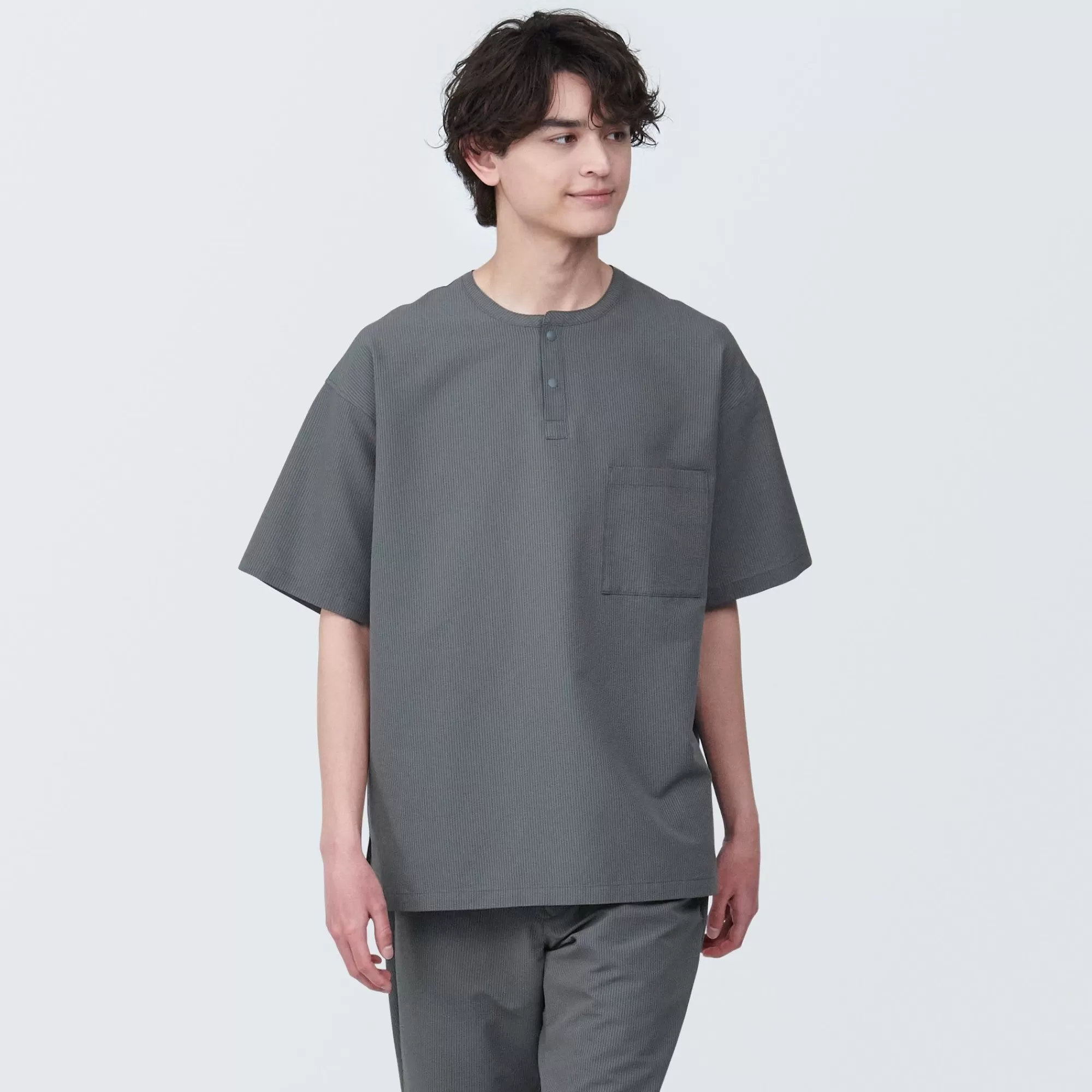 MUJI Men'S Seersucker Henley Neck Woven Short Sleeve T-Shirt New