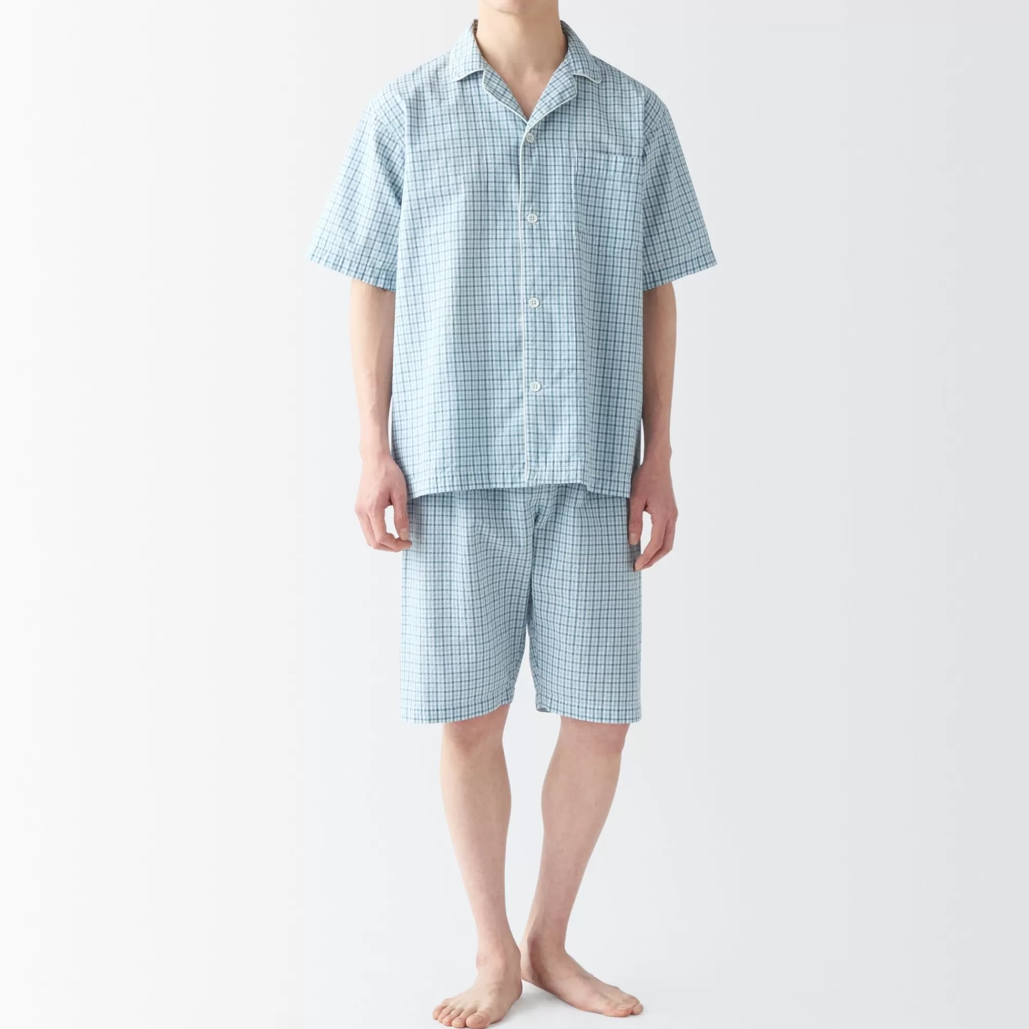 MUJI Men'S Side Seamless Seersucker Short Sleeve Pajamas Cheap