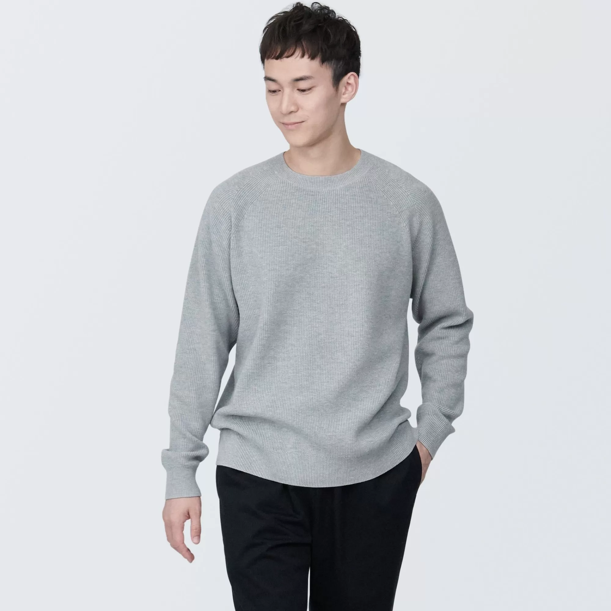 MUJI Men'S Washable Ribbed Crew Neck Sweater Outlet