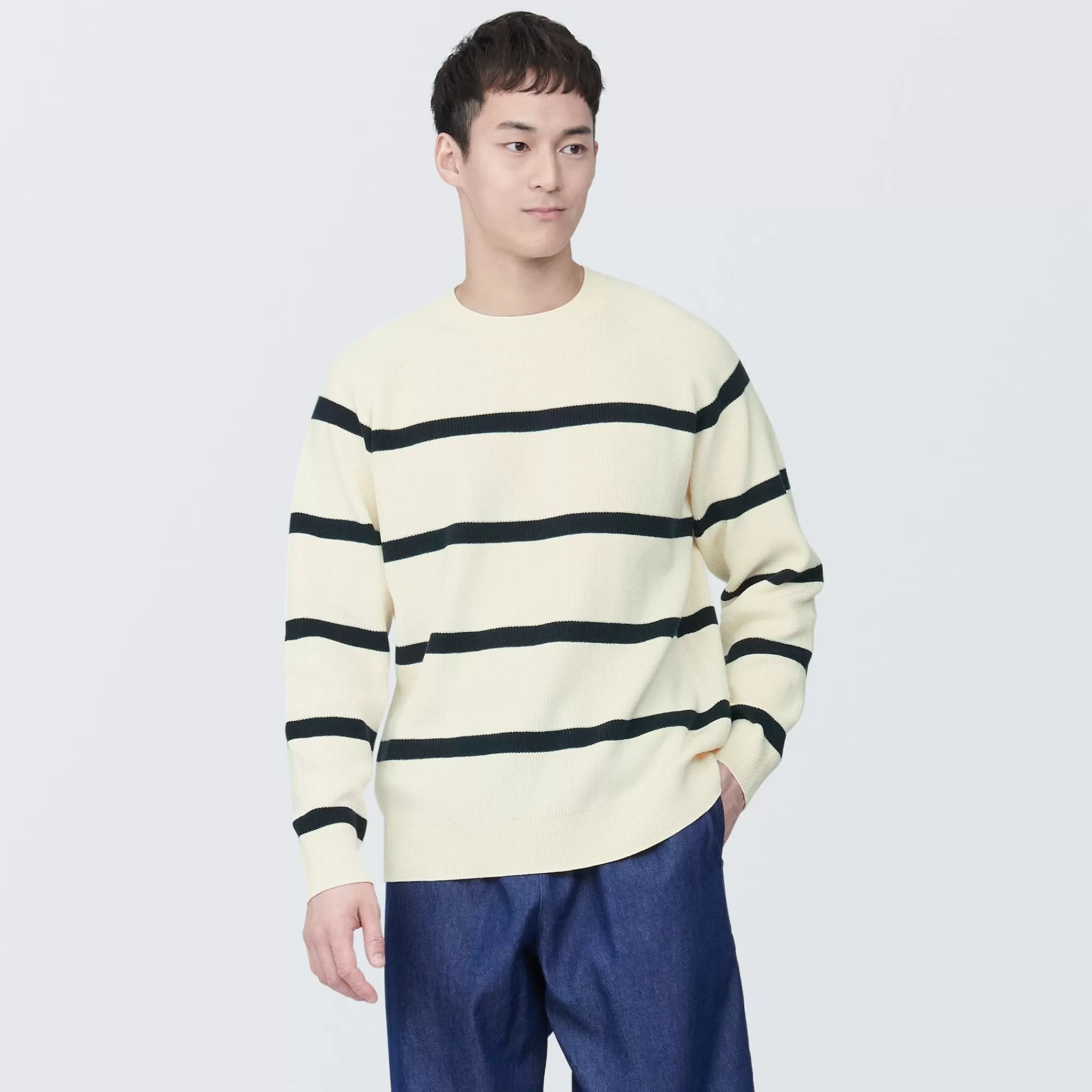 MUJI Men'S Washable Ribbed Striped Crew Neck Sweater Dark Navy Stripe Best