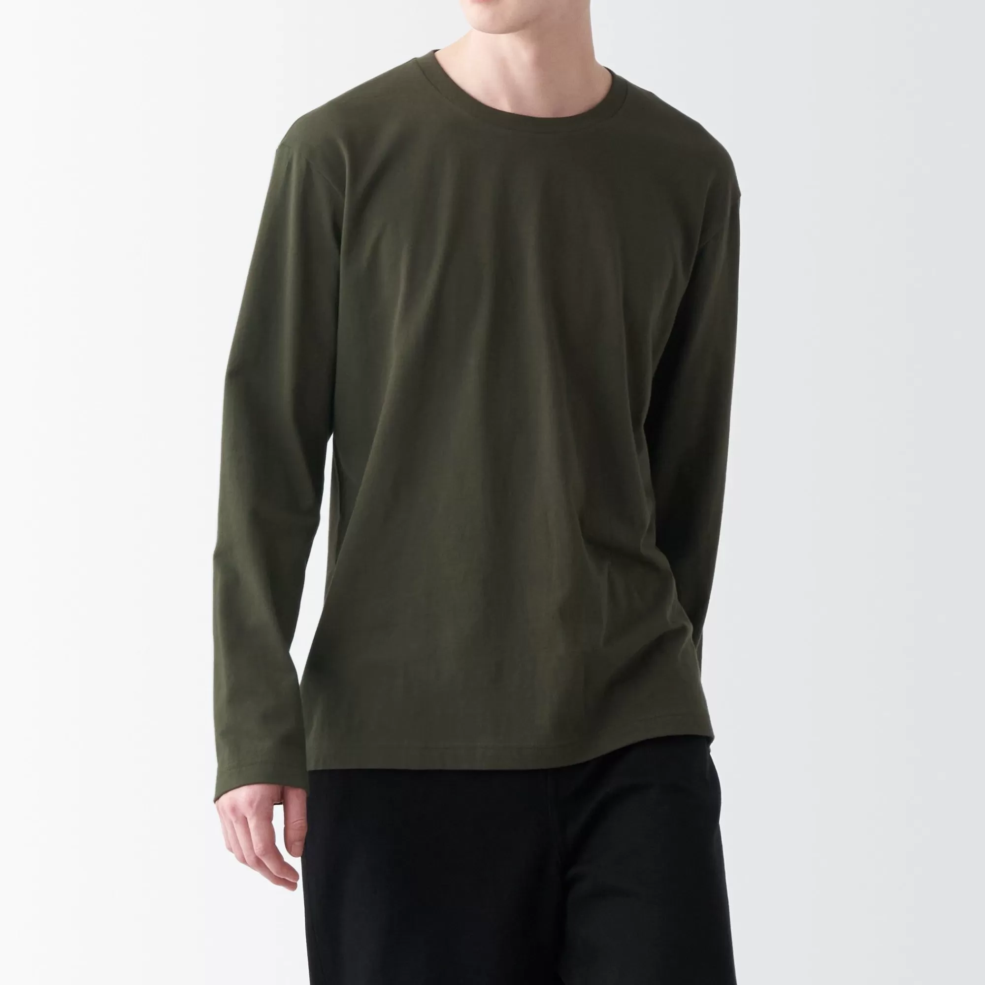 MUJI Men'S Washed Jersey Crew Neck Long Sleeve T-Shirt Fashion