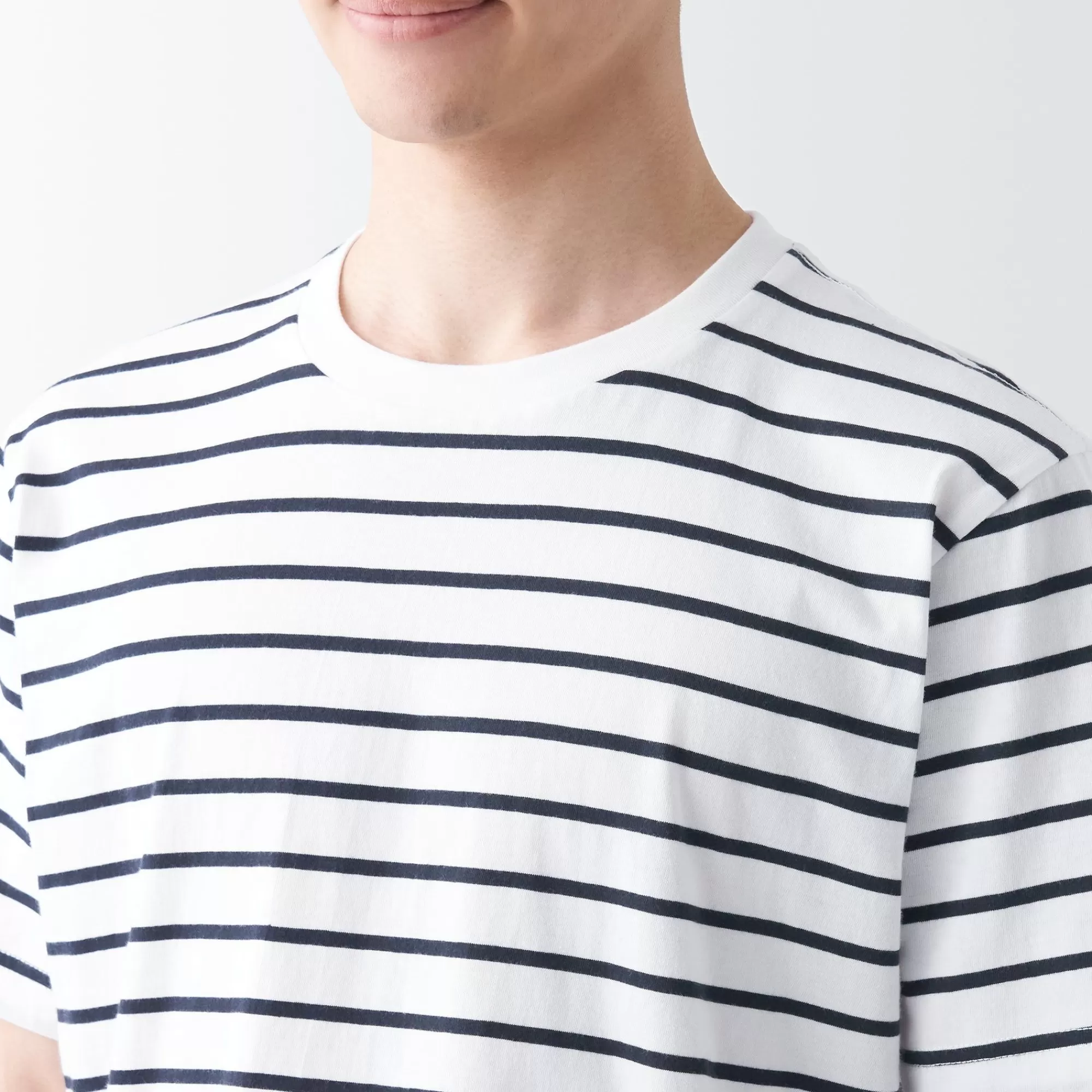 MUJI Men'S Washed Jersey Crew Neck Short Sleeve Stripe T-Shirt Cheap