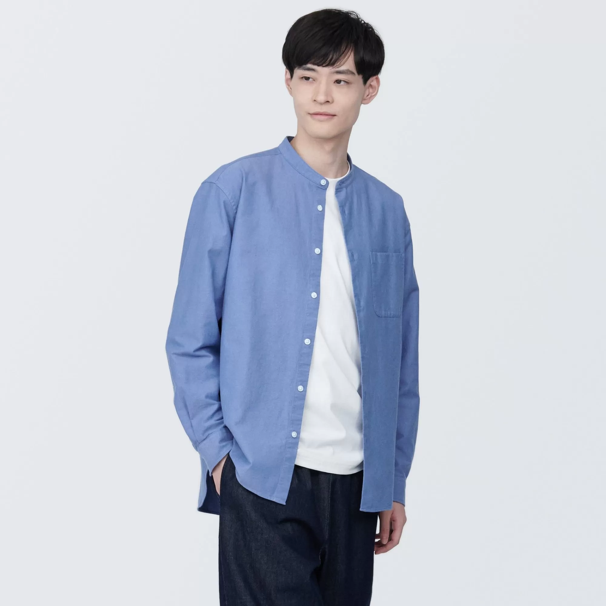 MUJI Men'S Washed Oxford Stand Collar Long Sleeve Shirt Discount