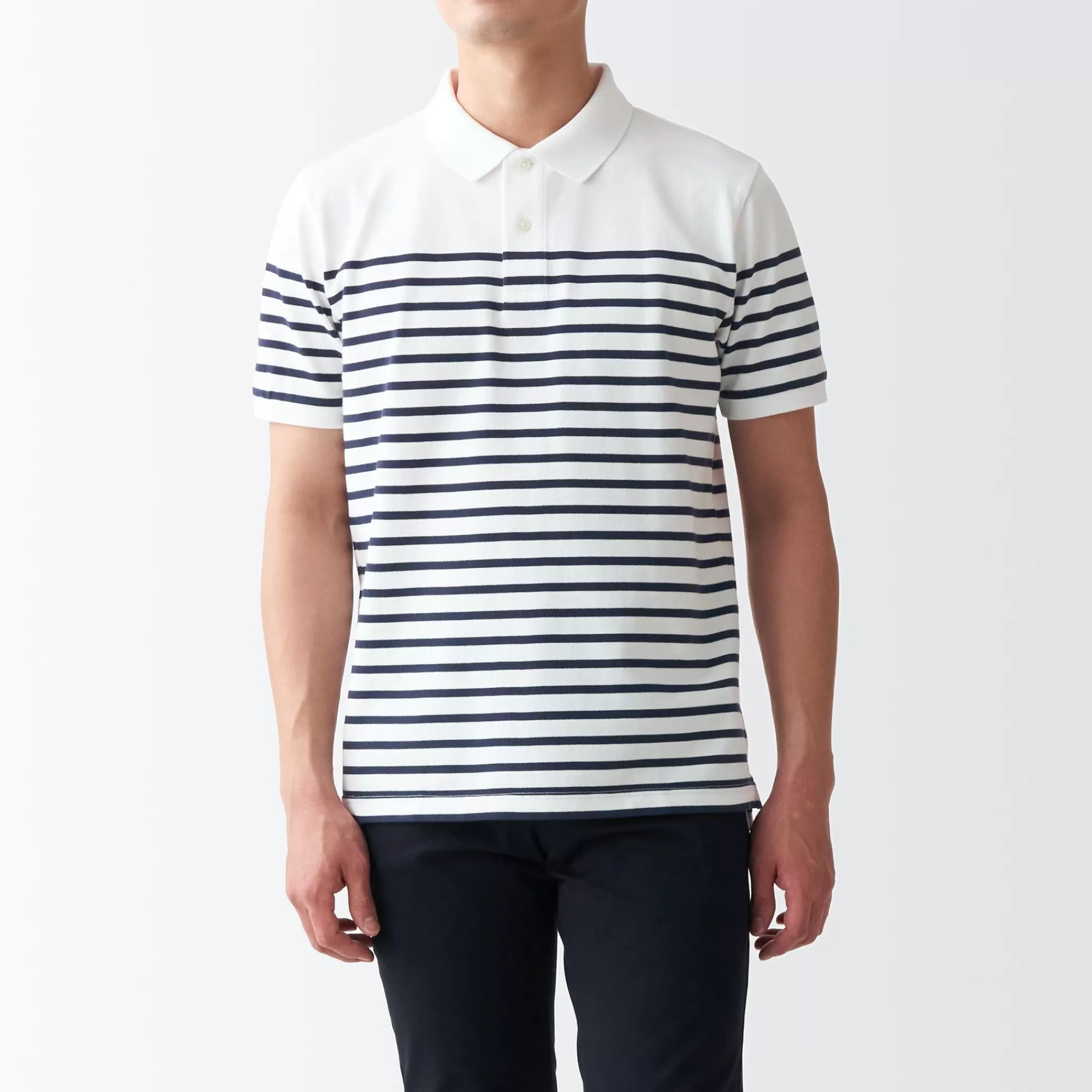 MUJI Men'S Washed Pique Polo Shirt Stripe Cheap