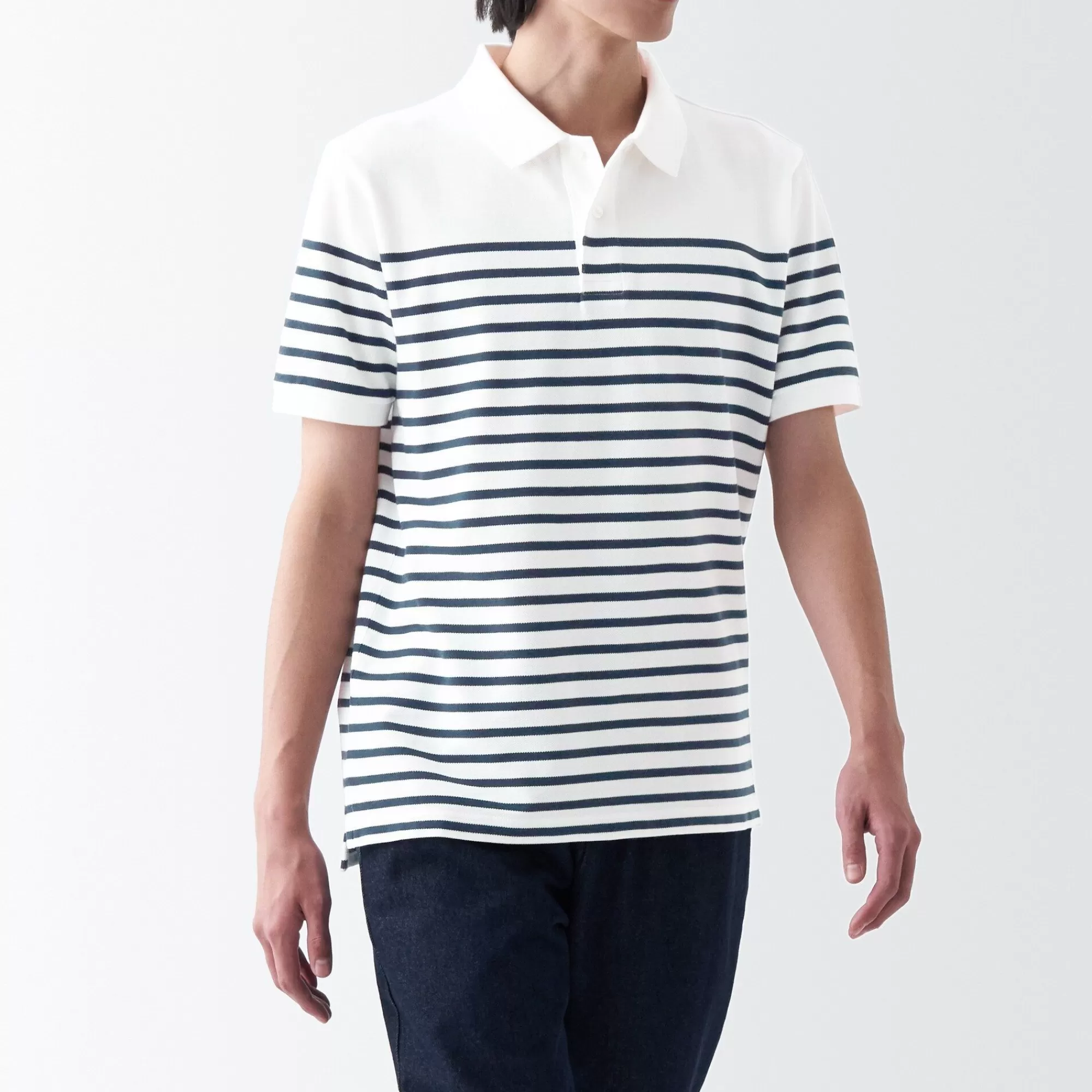 MUJI Men'S Washed Pique Striped Polo Shirt Outlet