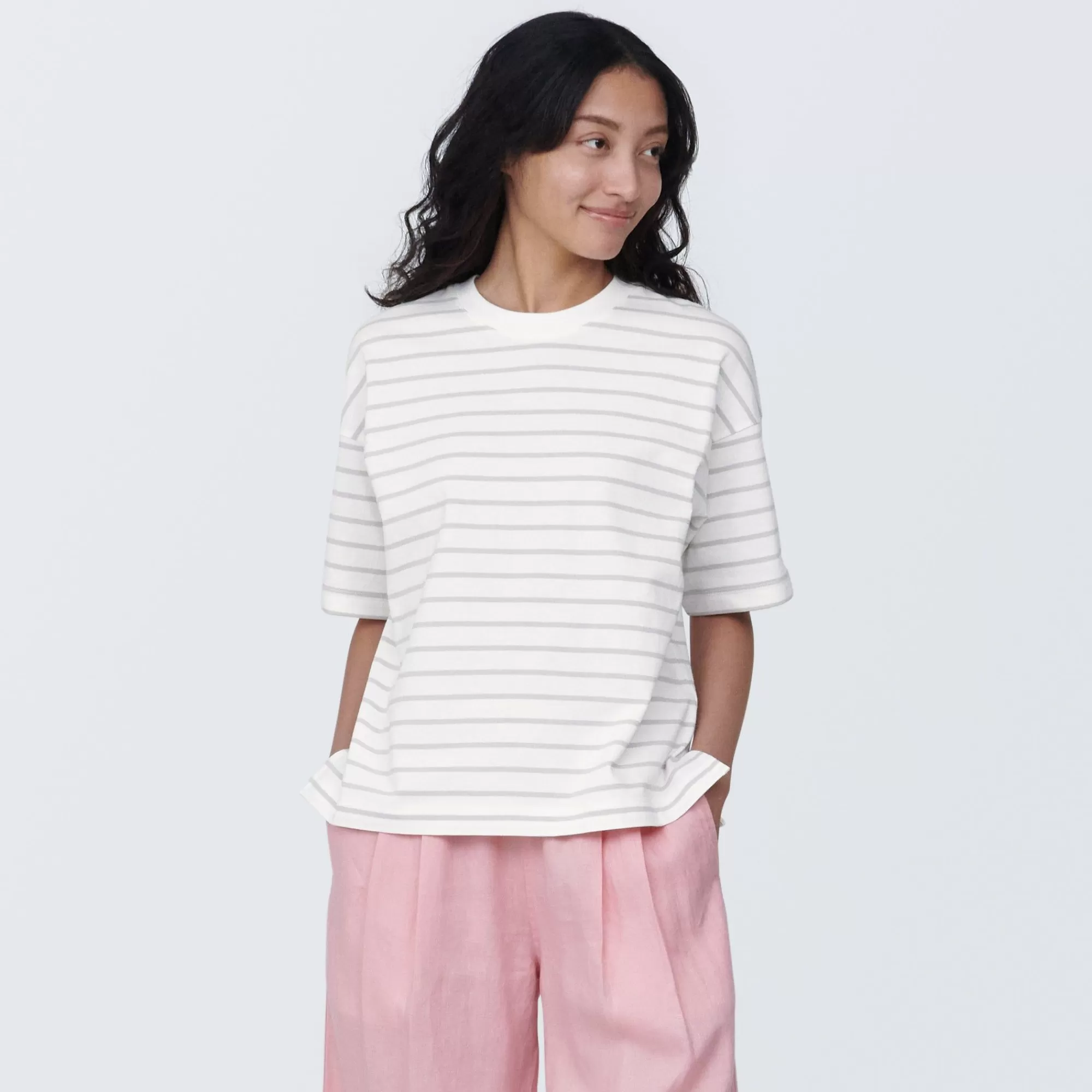 MUJI Women'S Crew Neck Short Sleeve Striped T-Shirt Hot