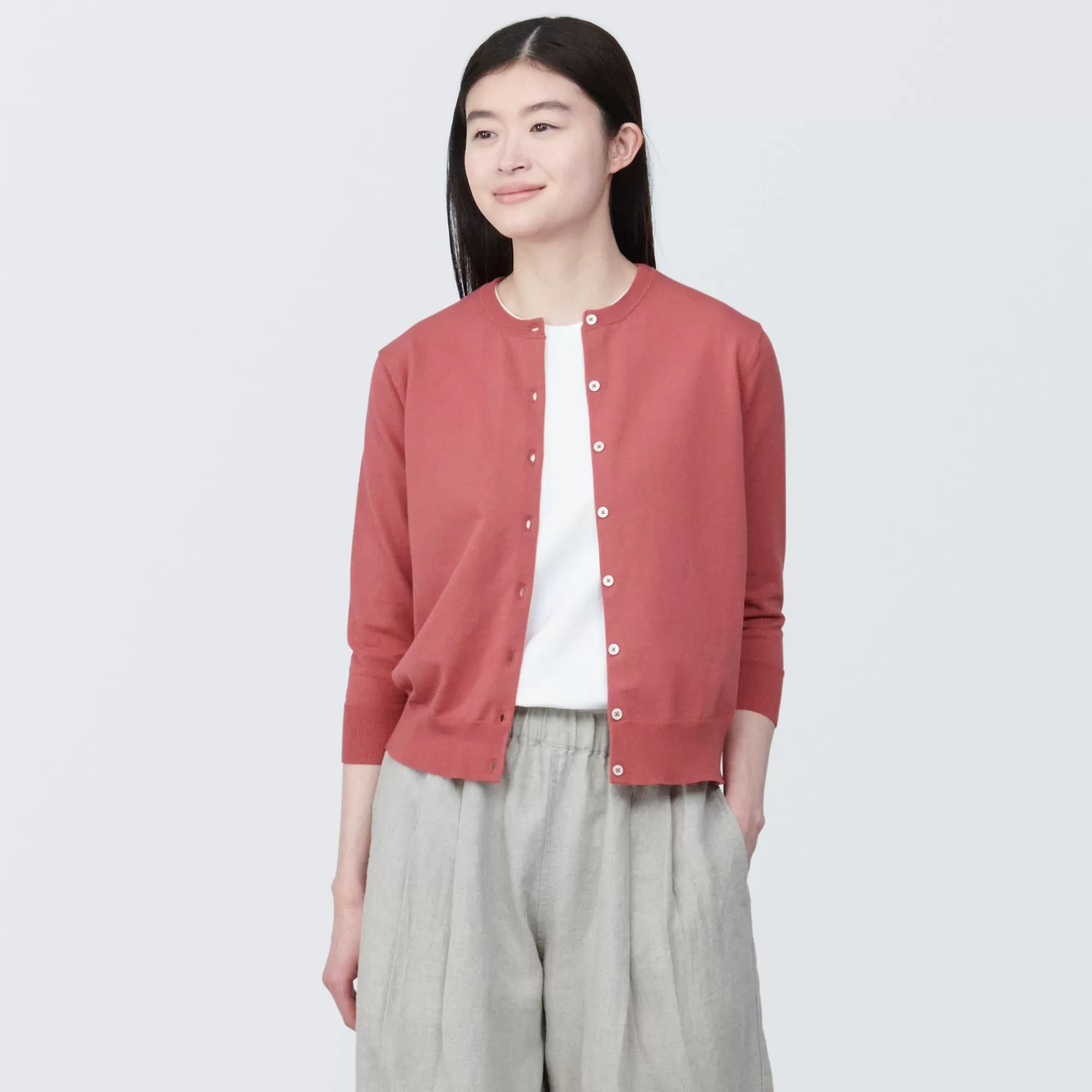 MUJI Women'S High-Twist Crew Neck 3/4 Sleeve Cardigan Cheap