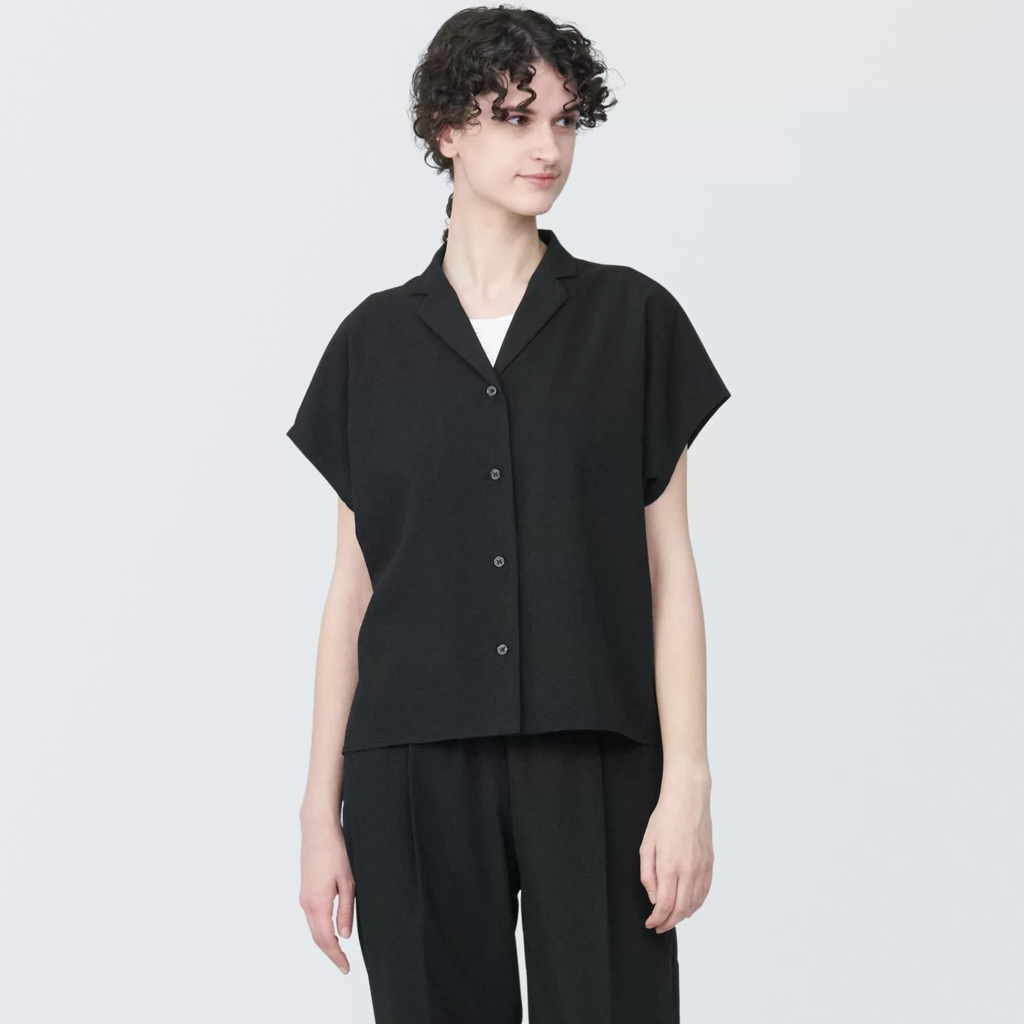 MUJI Women'S Seersucker Open Collar Short Sleeve Shirt Clearance