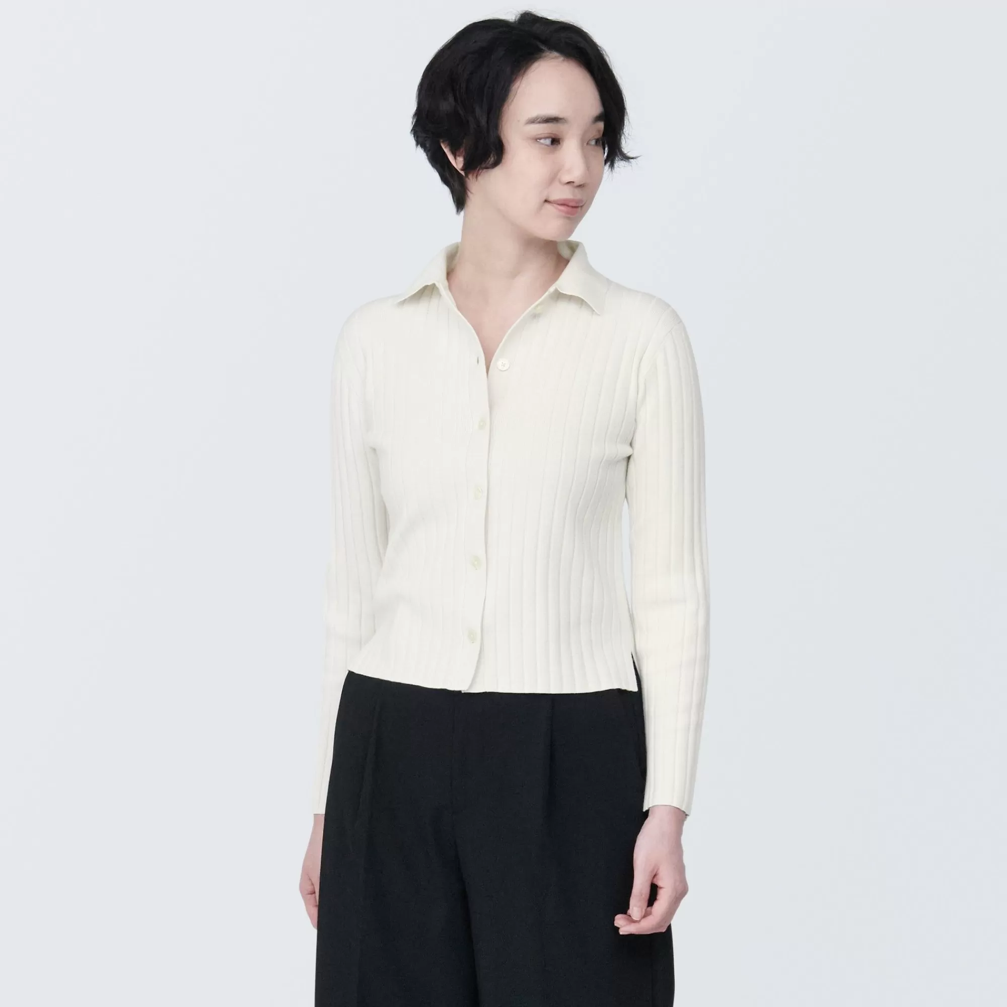 MUJI Women'S Soybean Fiber Ribbed Polo Shirt Cardigan New