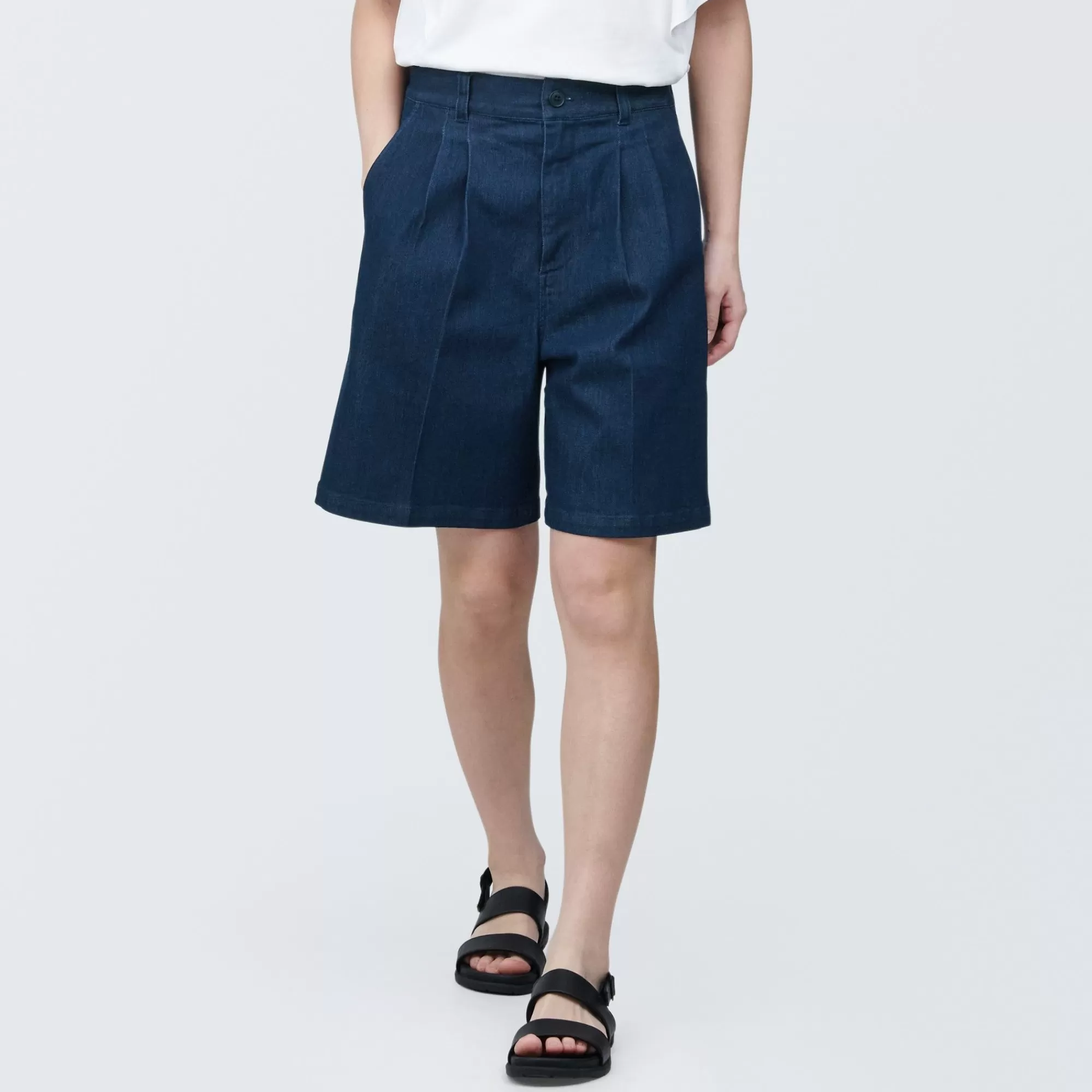 MUJI Women'S Stretch Denim Pleated Shorts Dark Navy Best Sale