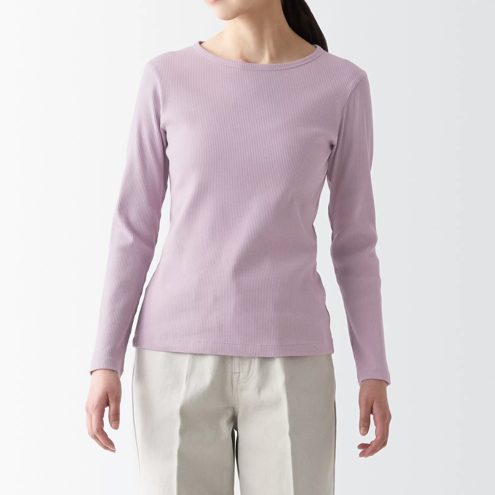 MUJI Women'S Stretch Ribbed Crew Neck Long Sleeve T-Shirt Best Sale