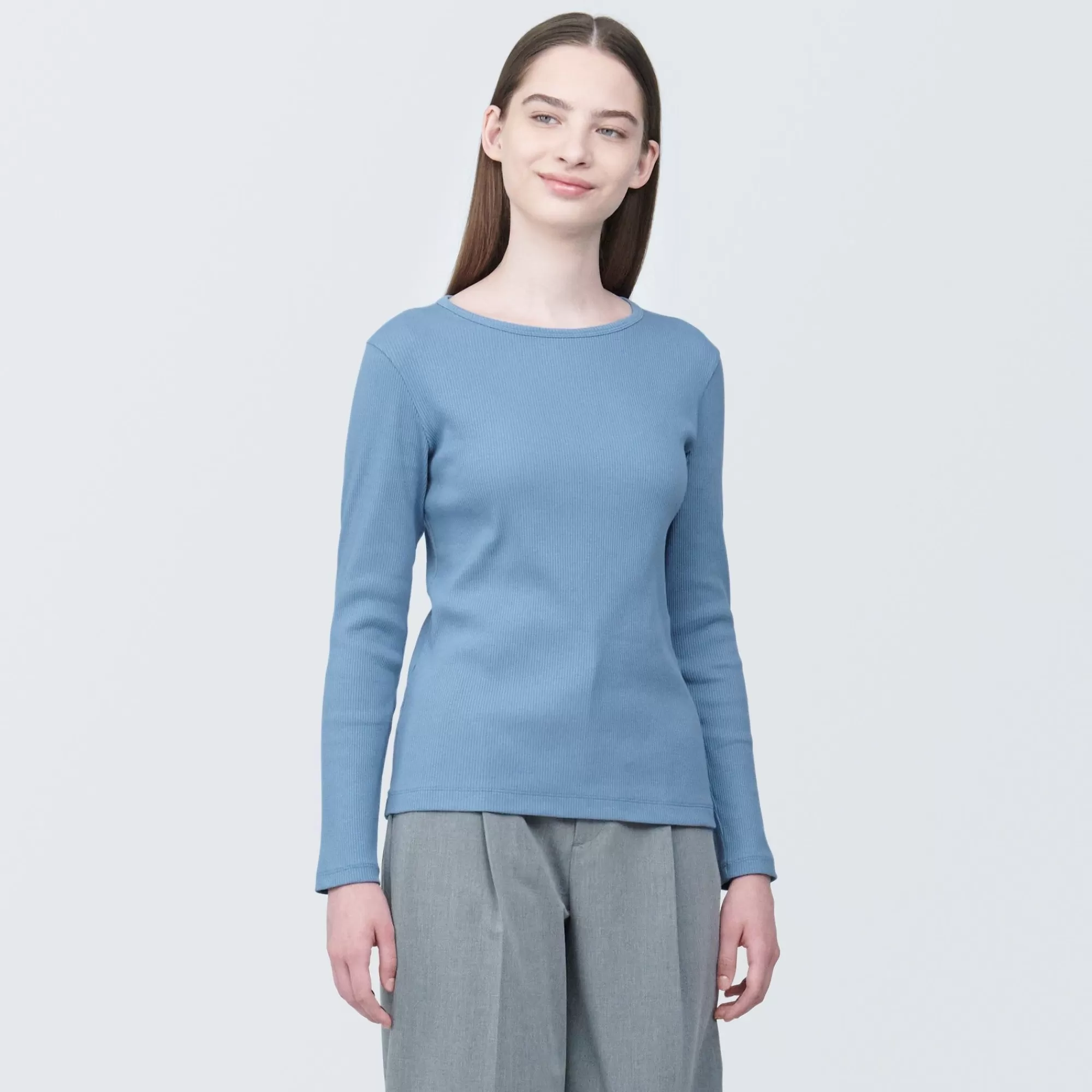 MUJI Women'S Stretch Ribbed Crew Neck Long Sleeve T-Shirt Hot