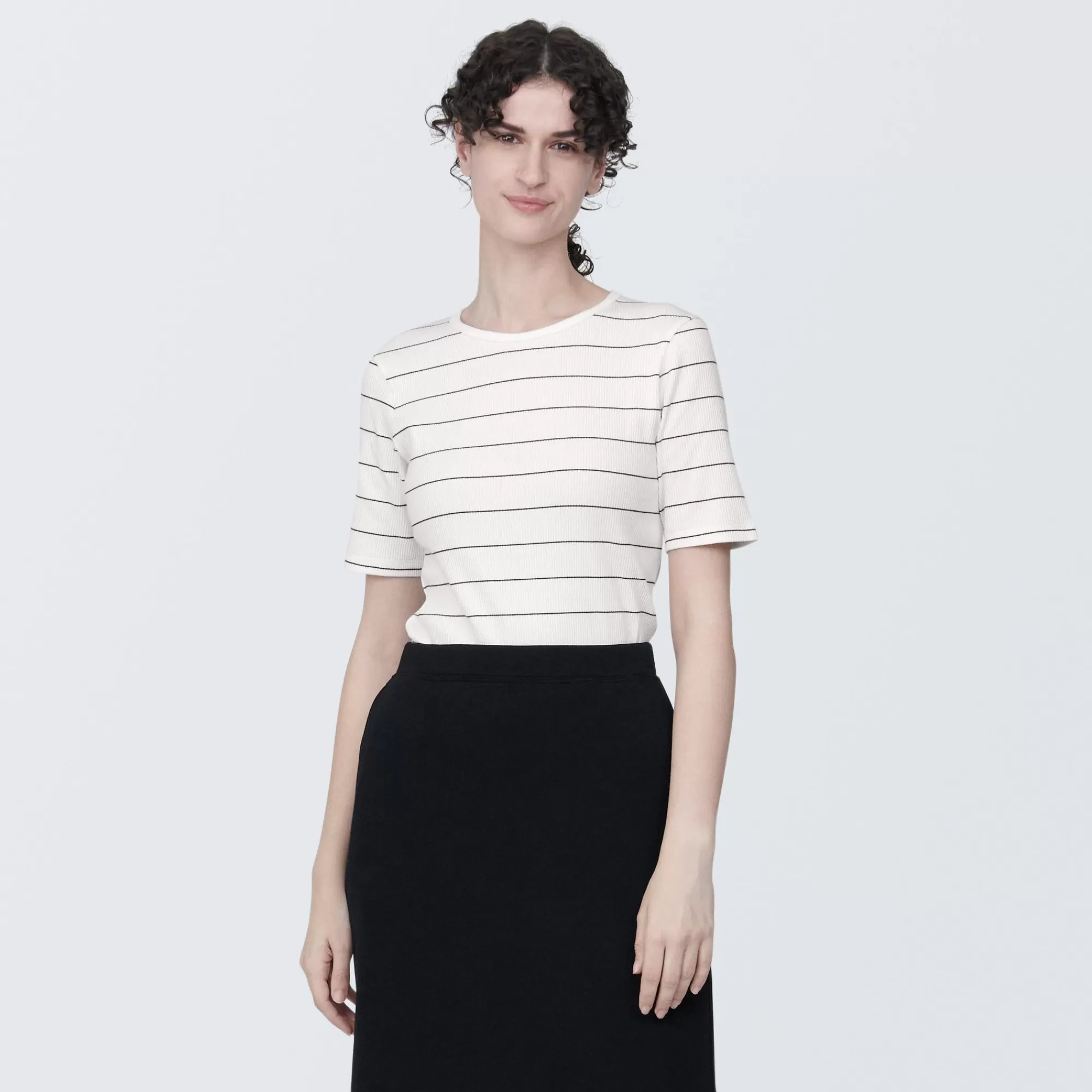 MUJI Women'S Stretch Ribbed Short Sleeve Striped T-Shirt Cheap