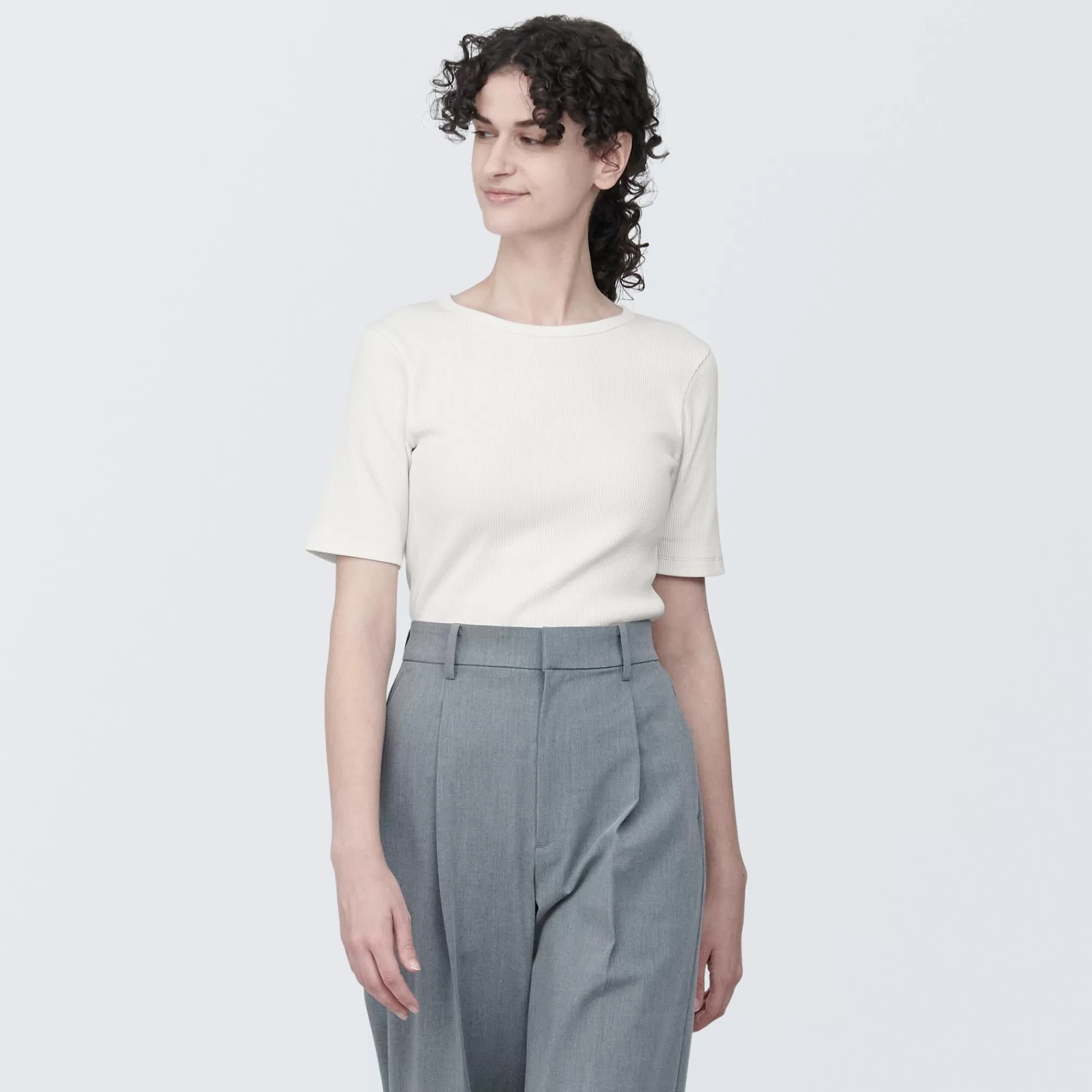 MUJI Women'S Stretch Ribbed Short Sleeve T-Shirt Clearance