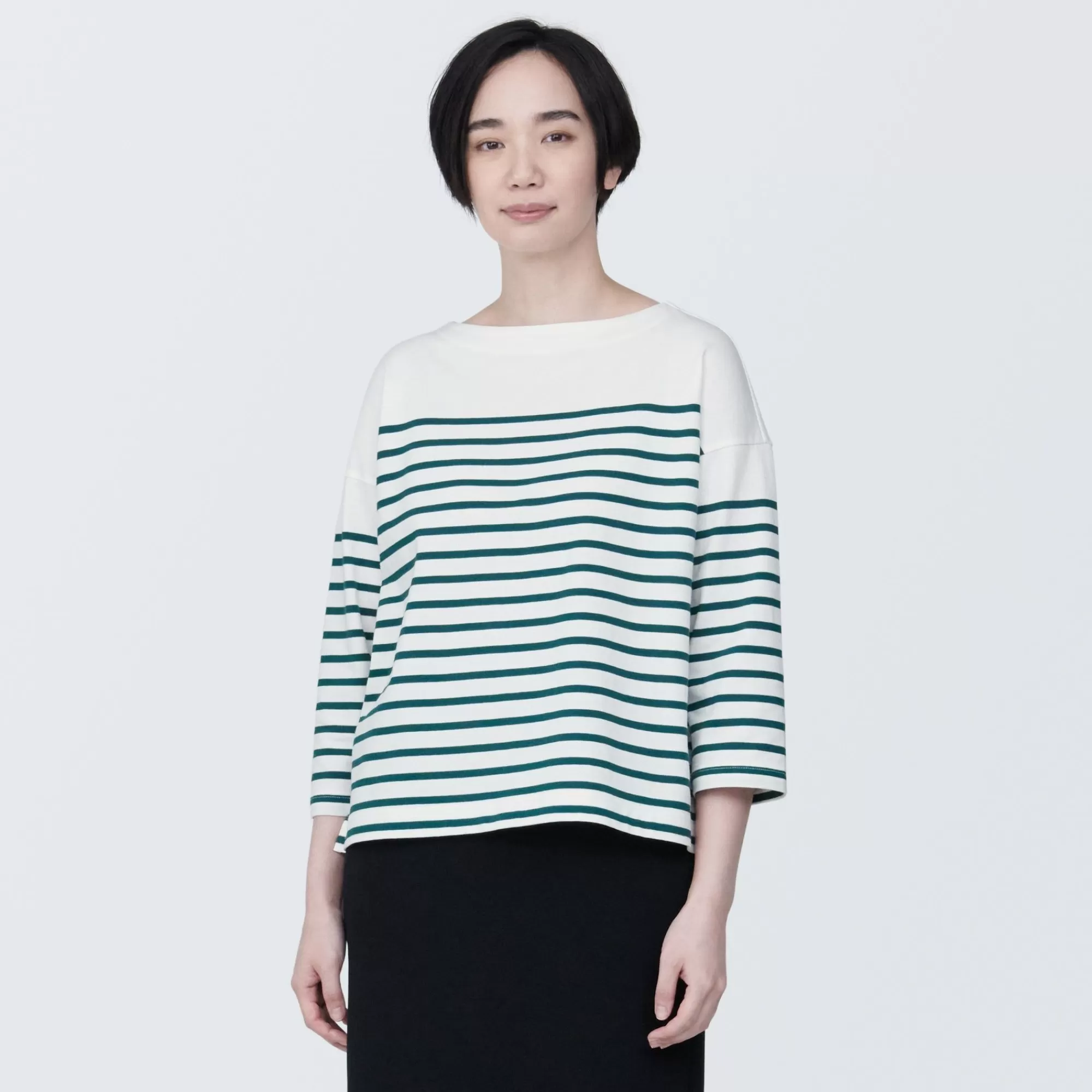 MUJI Women'S Striped Boatneck 3/4 Sleeve T-Shirt New