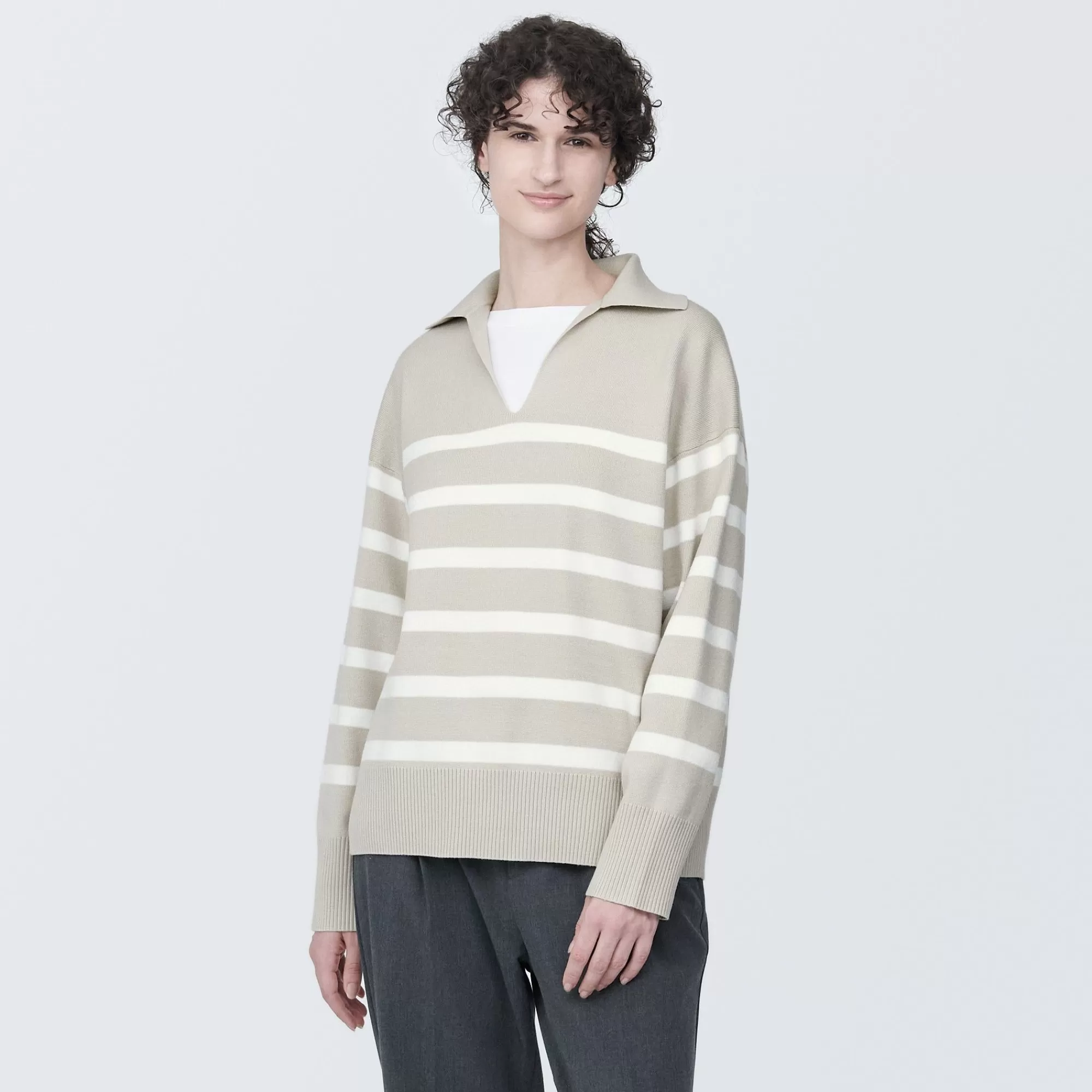 MUJI Women'S Washable Milano Rib Knit Striped Skipper Polo Sweater Fashion