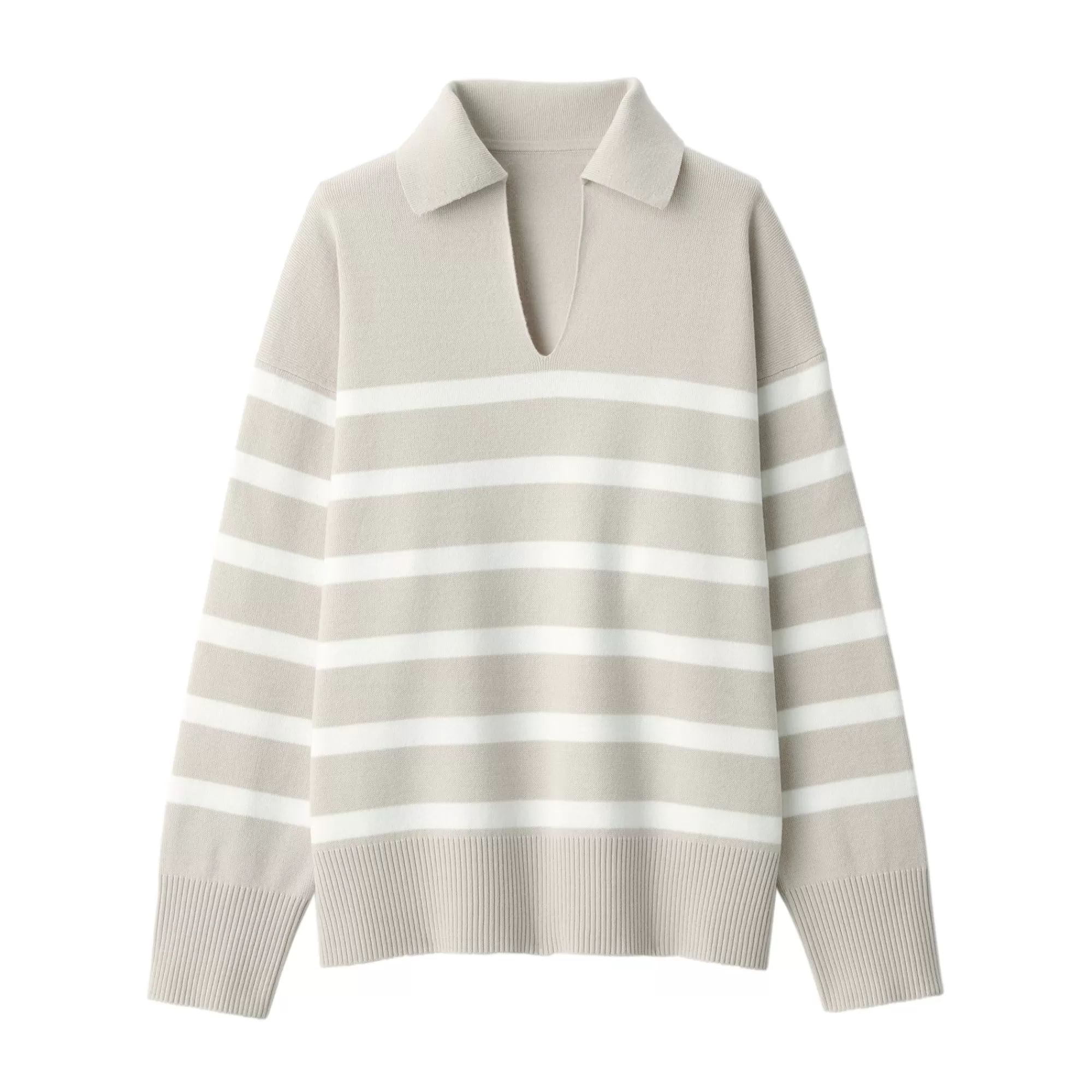 MUJI Women'S Washable Milano Rib Knit Striped Skipper Polo Sweater Fashion