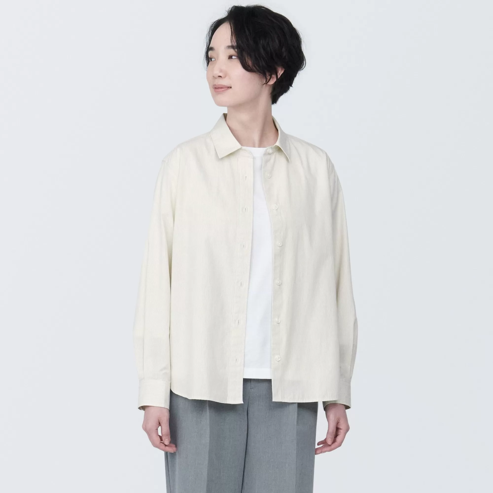 MUJI Women'S Washed Broad Regular Collar Long Sleeve Striped Shirt Sale