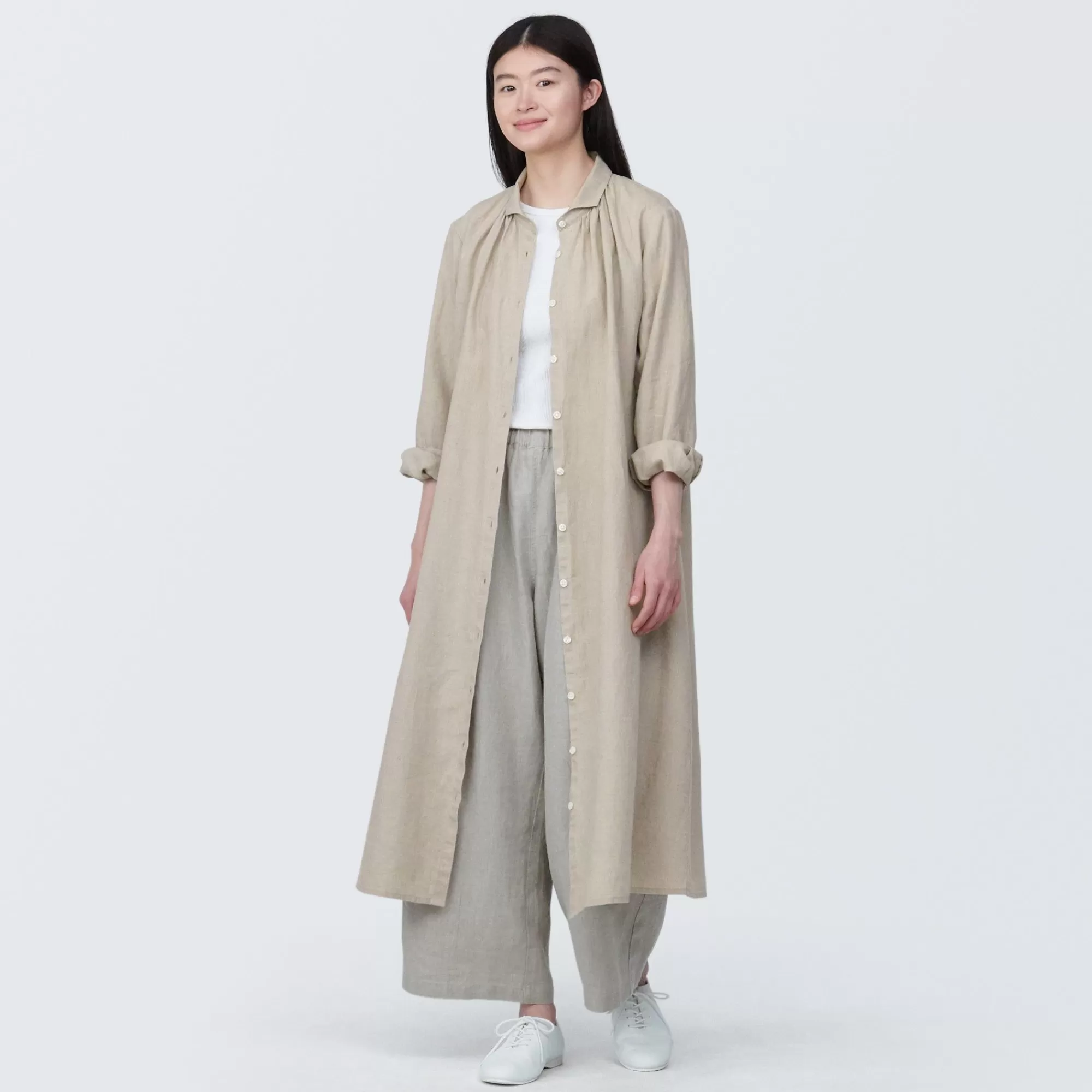 MUJI Women'S Washed Linen Long Sleeve Shirt Dress Discount