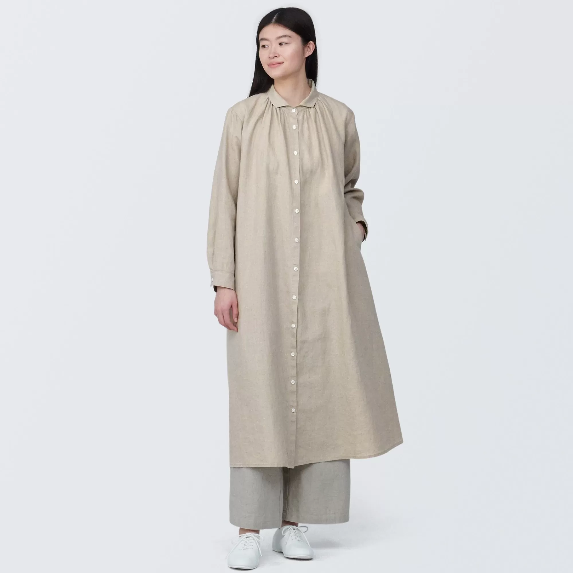 MUJI Women'S Washed Linen Long Sleeve Shirt Dress Discount