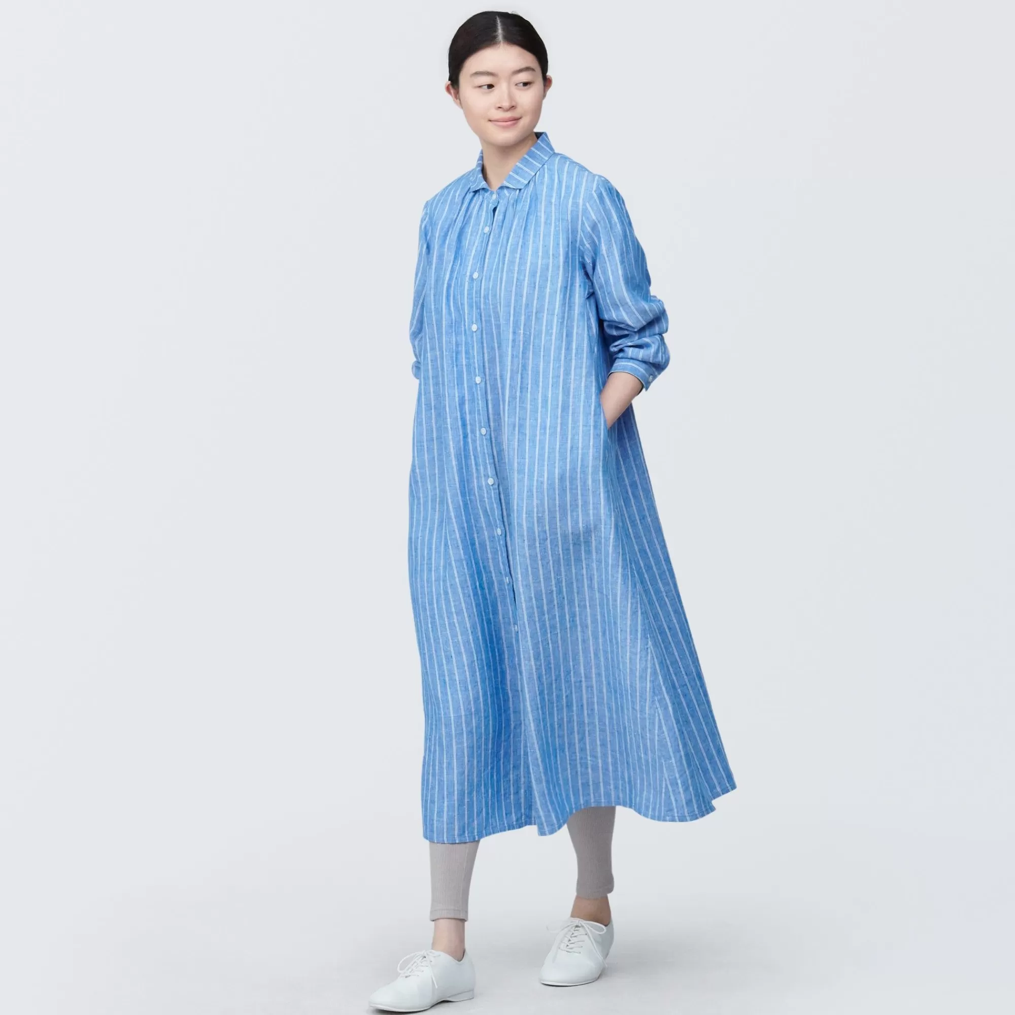 MUJI Women'S Washed Linen Long Sleeve Striped Shirt Dress Blue Stripe Shop