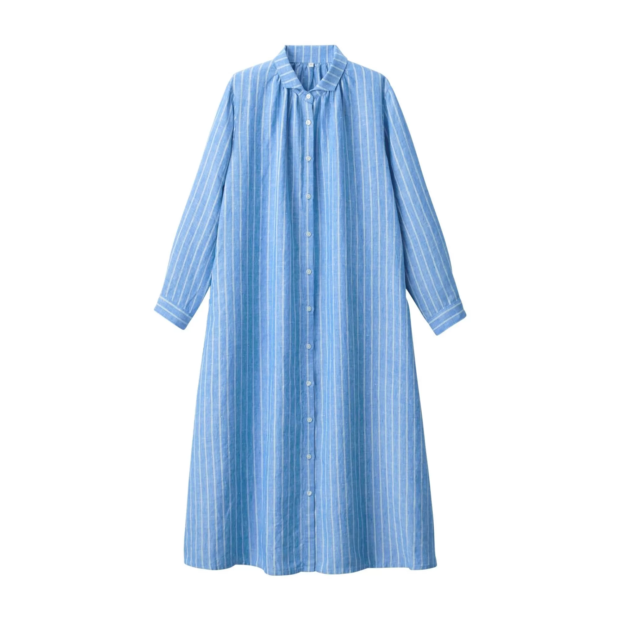 MUJI Women'S Washed Linen Long Sleeve Striped Shirt Dress Blue Stripe Shop