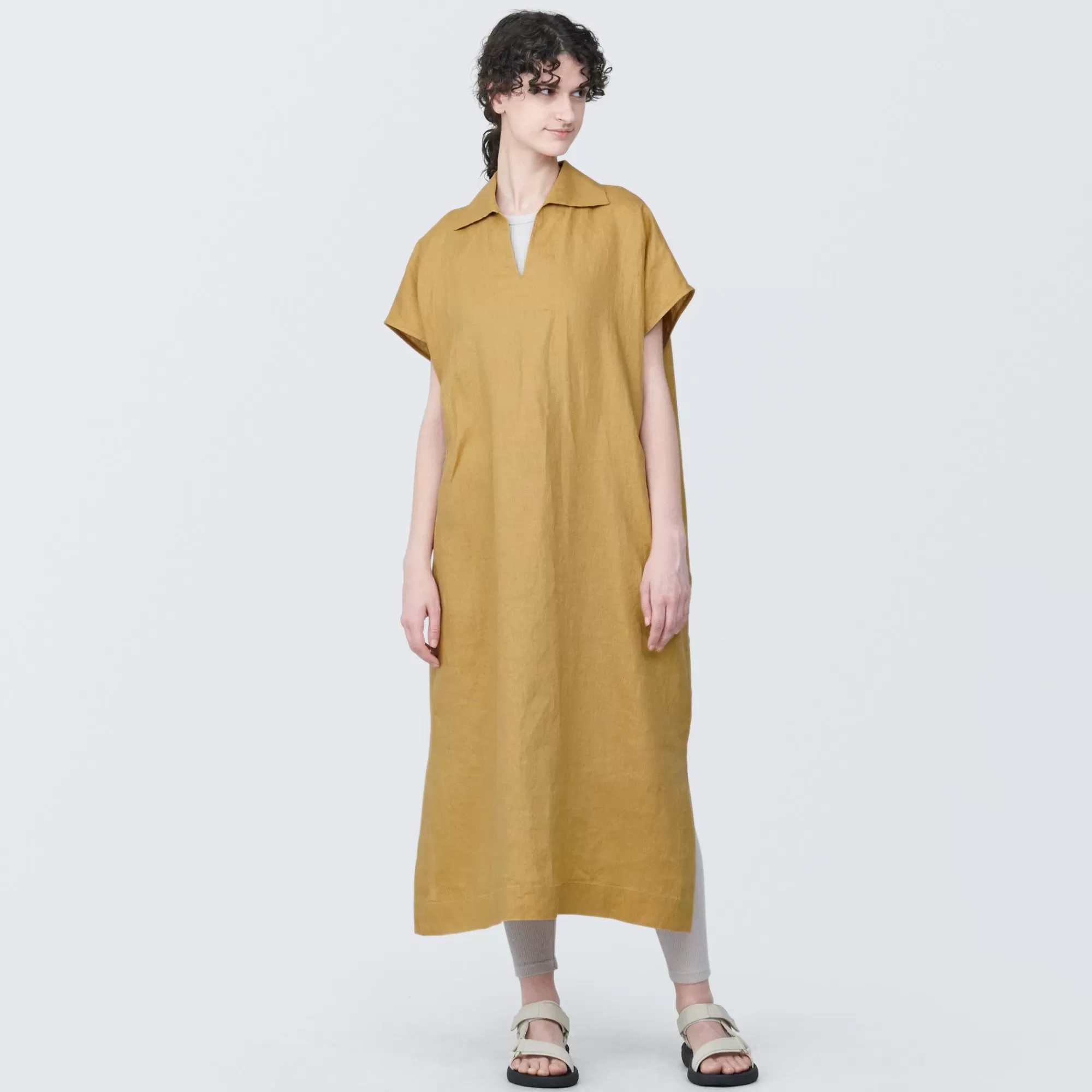 MUJI Women'S Washed Linen Skipper Collar Short Sleeve Dress Flash Sale