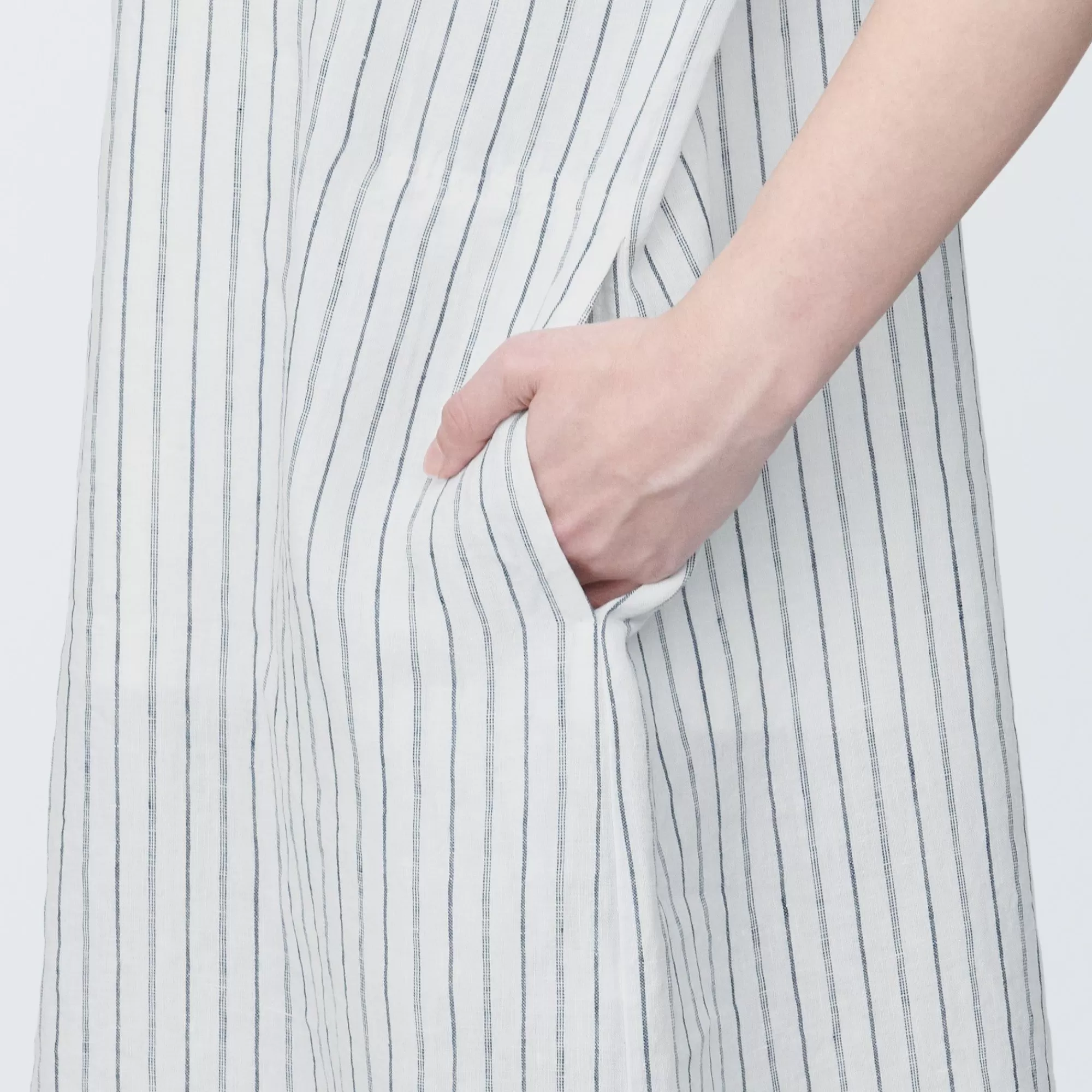 MUJI Women'S Washed Linen Skipper Collar Short Sleeve Striped Dress Off White Stripe Best Sale