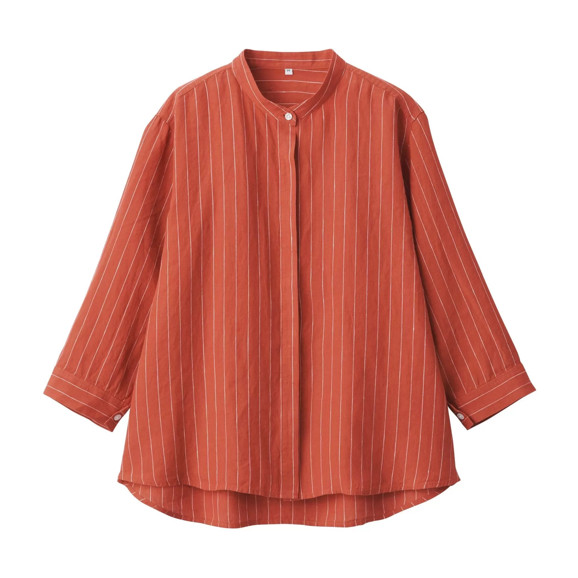 MUJI Women'S Washed Linen Stand Collar 3/4 Sleeve Striped Blouse Clearance